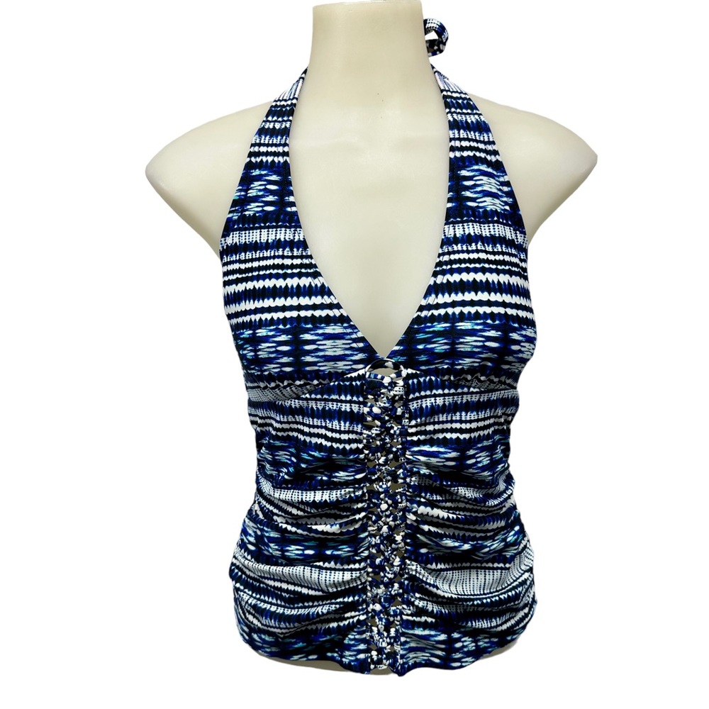 AMBRIELLE Swim Halter Top Size Small Ruched Knotted Center Detail Blue